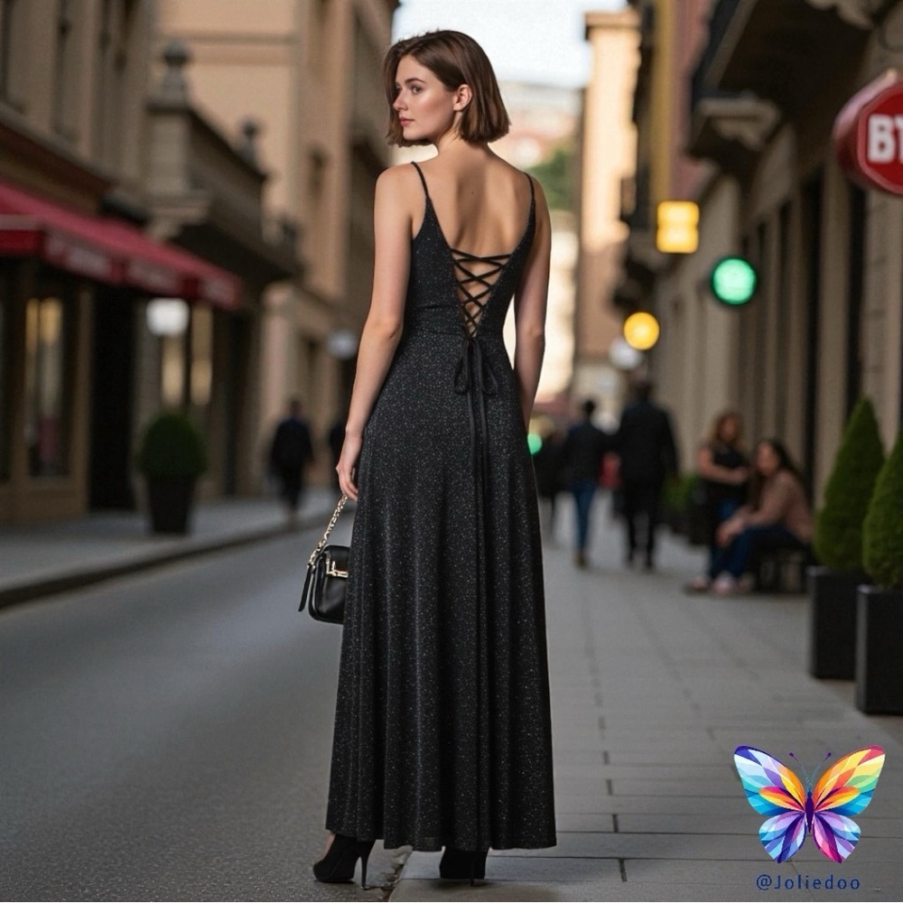 Host Pick Élégant Black Lace-Up Sparkling Maxi Dress for women Size 12